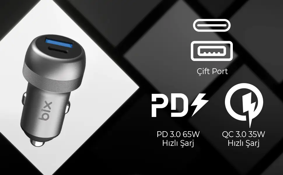 Bix 100W Type-C PD 65W ve USB-A QC 35W PPS Destekli Çift Çıkışlı Mini Araç içi Hızlı Şarj Cihazı (BIX-BXAAC100) - Görsel 4