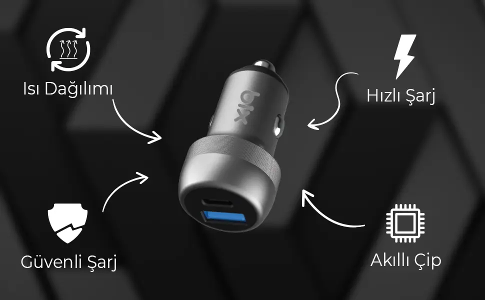 Bix 100W Type-C PD 65W ve USB-A QC 35W PPS Destekli Çift Çıkışlı Mini Araç içi Hızlı Şarj Cihazı (BIX-BXAAC100) - Görsel 3